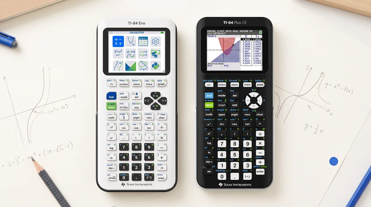 TI-84 Evo and TI-84 Plus CE graphing calculators side by side on a desk