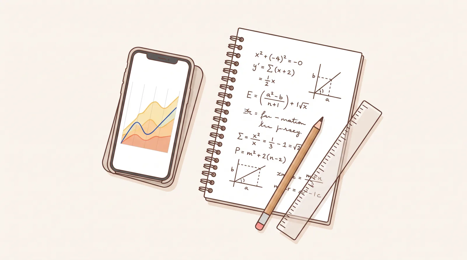 A smartphone showing a graphing calculator app next to a notebook with math equations