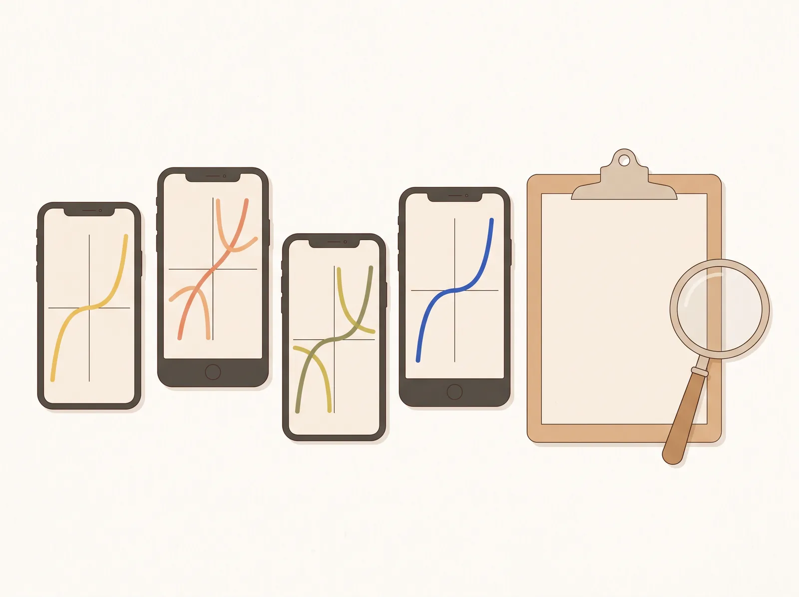 Several smartphones side by side, each showing different math graphs, next to a clipboard