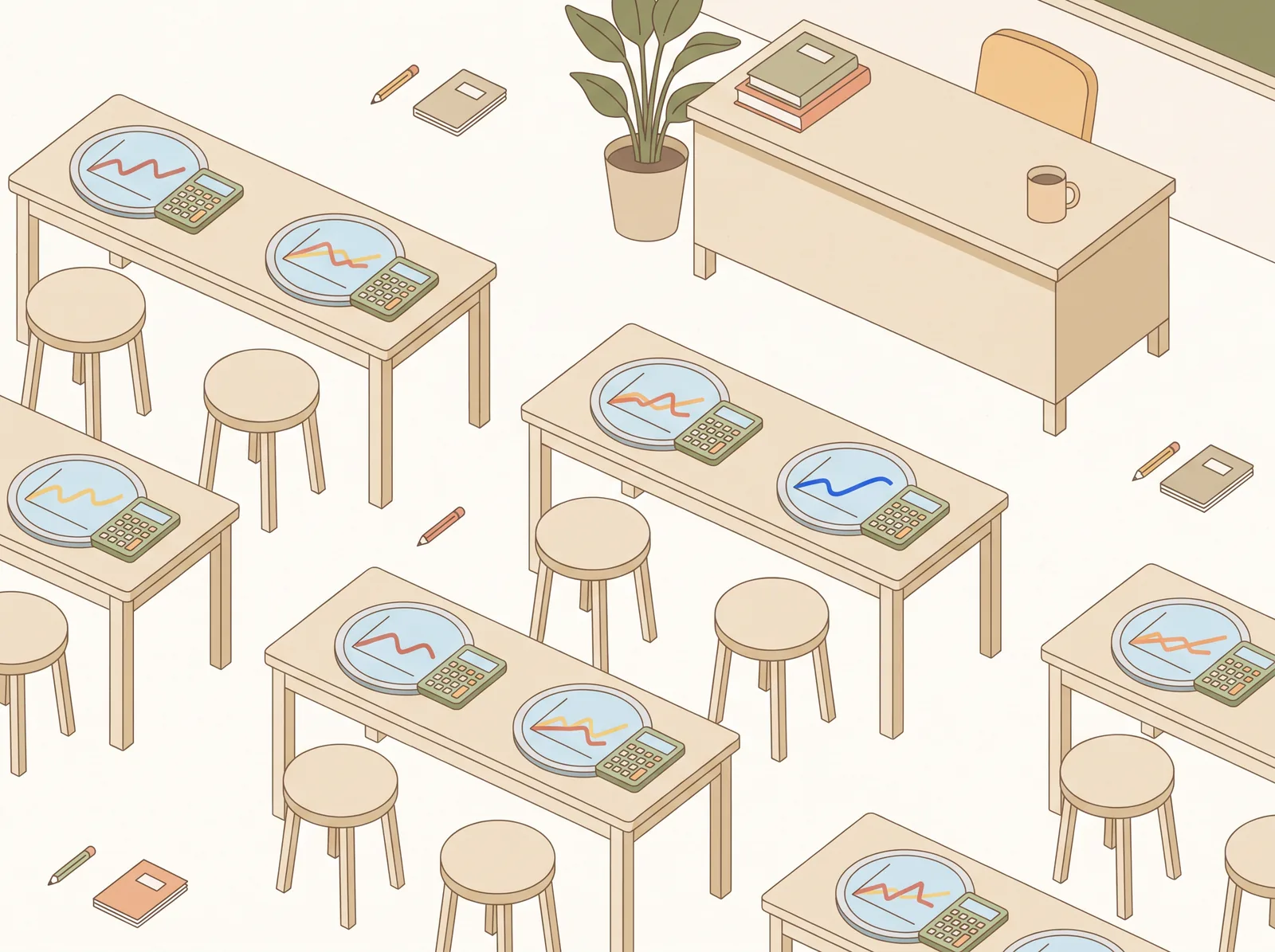 A classroom with desks, each equipped with a tablet showing a calculator graph